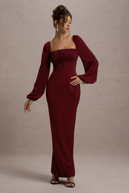 Nika Berry Satin Square Neck Balloon Sleeve Maxi Dress