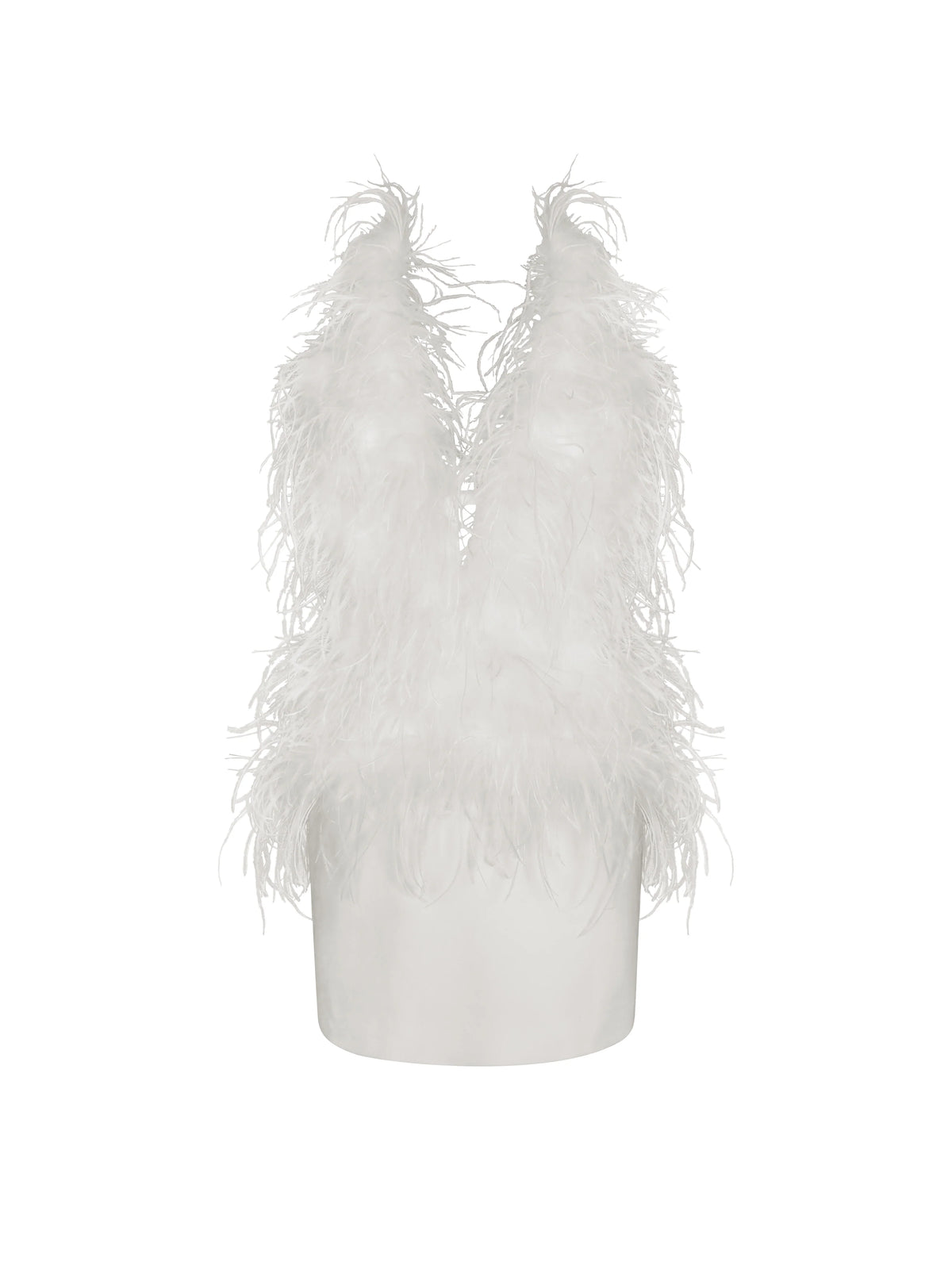 Quisten White Feathered Plunging Halter Mini Dress