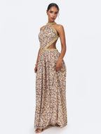 Quinnlyn Beige Cheetah Print Chiffon Halter Maxi Dress