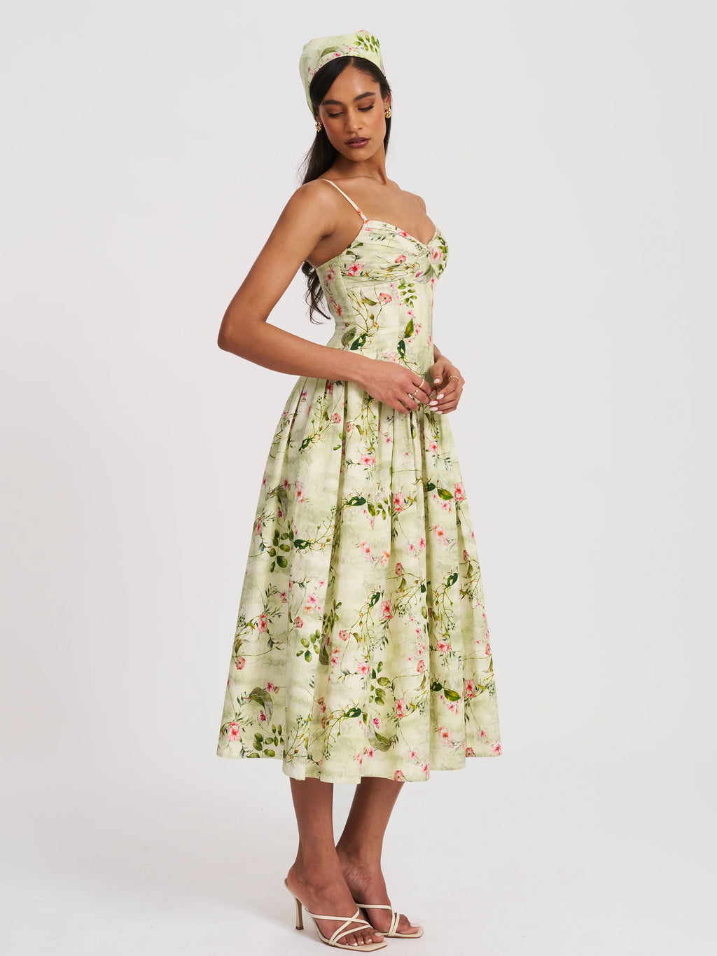 Jacinda Green Floral Print Linen Midi Dress