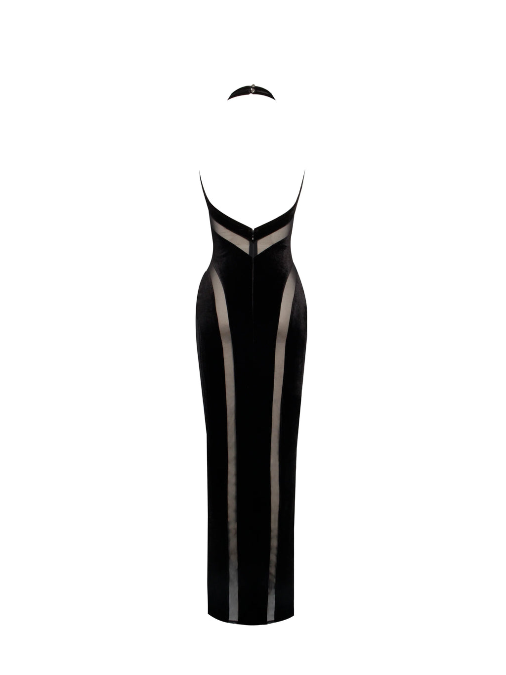 Paityn Black Velvet Mesh Cutout Halter Gown
