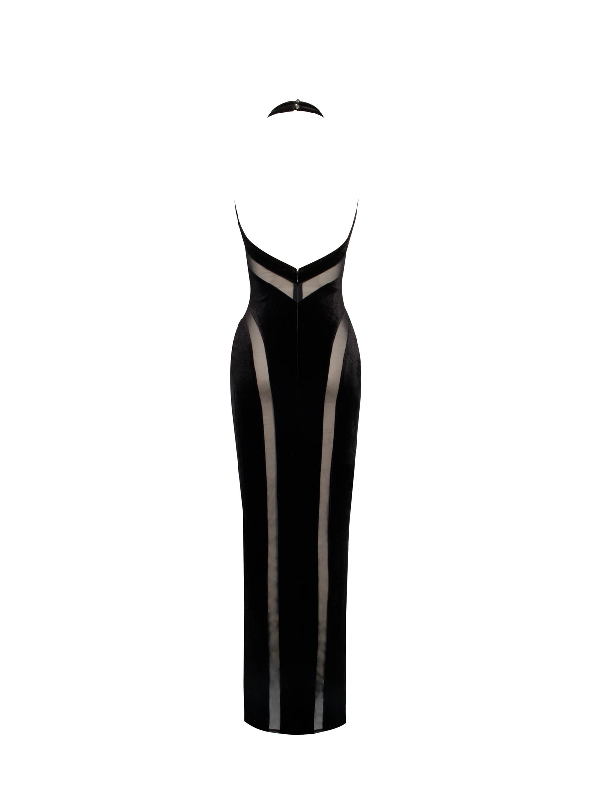Paityn Black Velvet Mesh Cutout Halter Gown