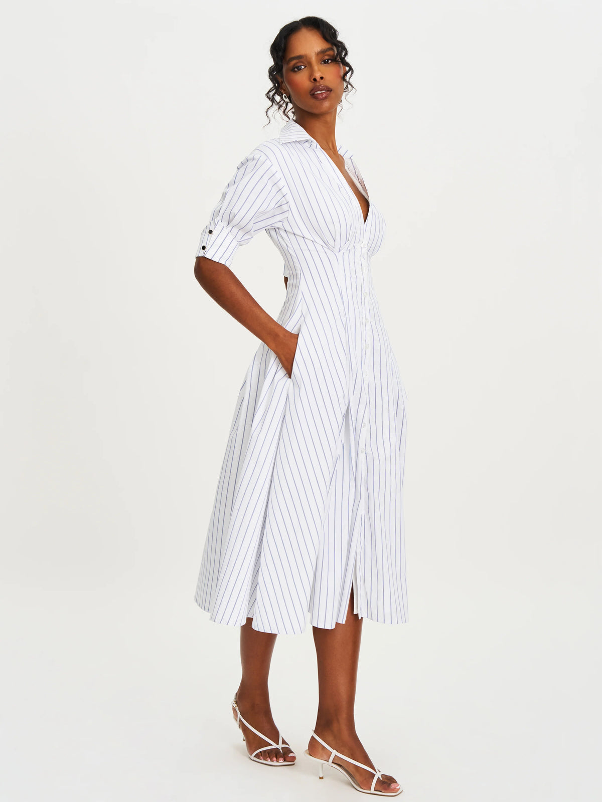 Palina Pinstripes Cotton Poplin Pleated Midi Preppy Shirt Dress