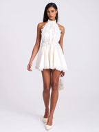 Idalia Pearl White Beaded Lace Trim Backless Halter Mini Dress