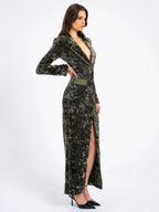 Willow Green Glossy Velvet High Slit Blazer Gown Archive Sale