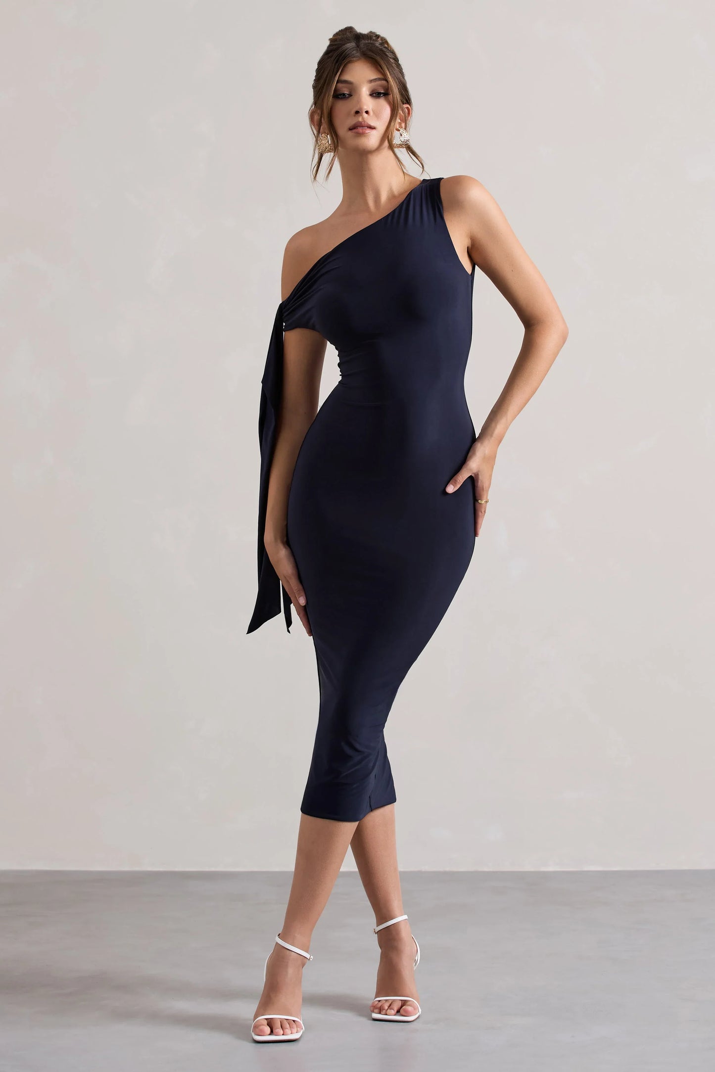 Adapt Navy Asymmetric Midi Dress With Tie Sleeve