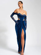 Quintessa Teal Lace Velvet Corset Off Shoulder Gown Archive Sale