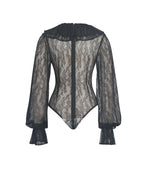Taliah Black Sheer Lace Ruffled Collar Bodysuit