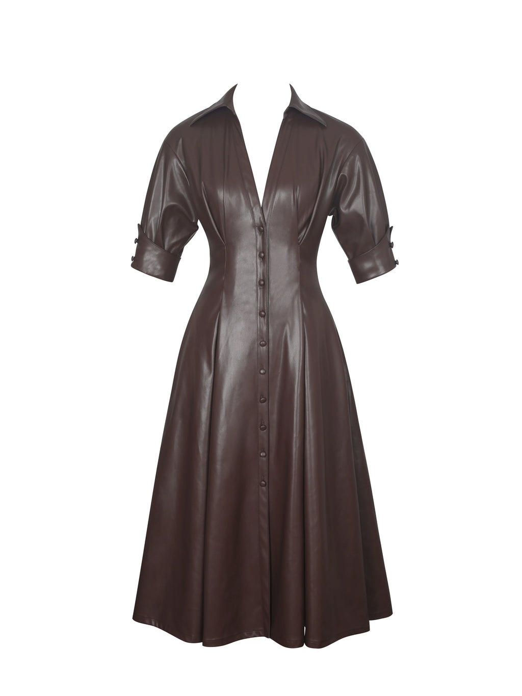 Vilda Espresso Brown Faux Leather Pleated Midi Dress