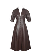 Vilda Espresso Brown Faux Leather Pleated Midi Dress