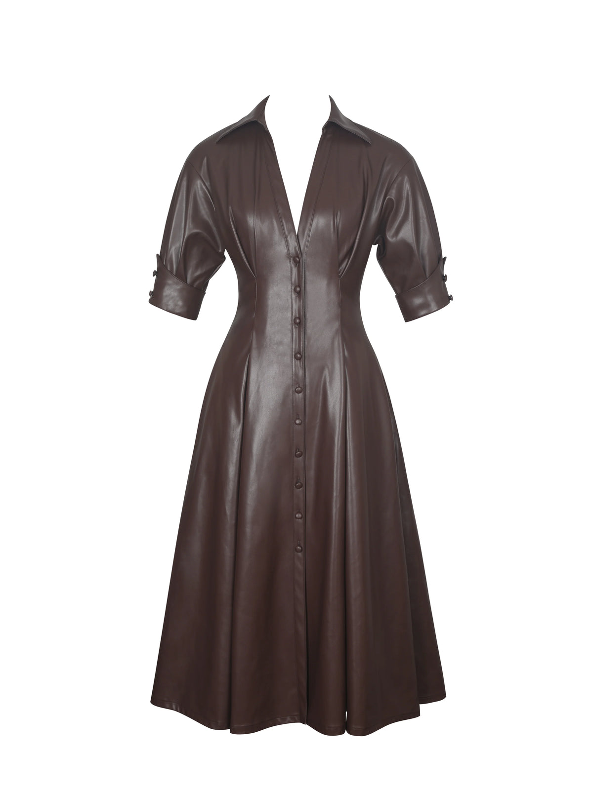 Vilda Espresso Brown Faux Leather Pleated Midi Dress