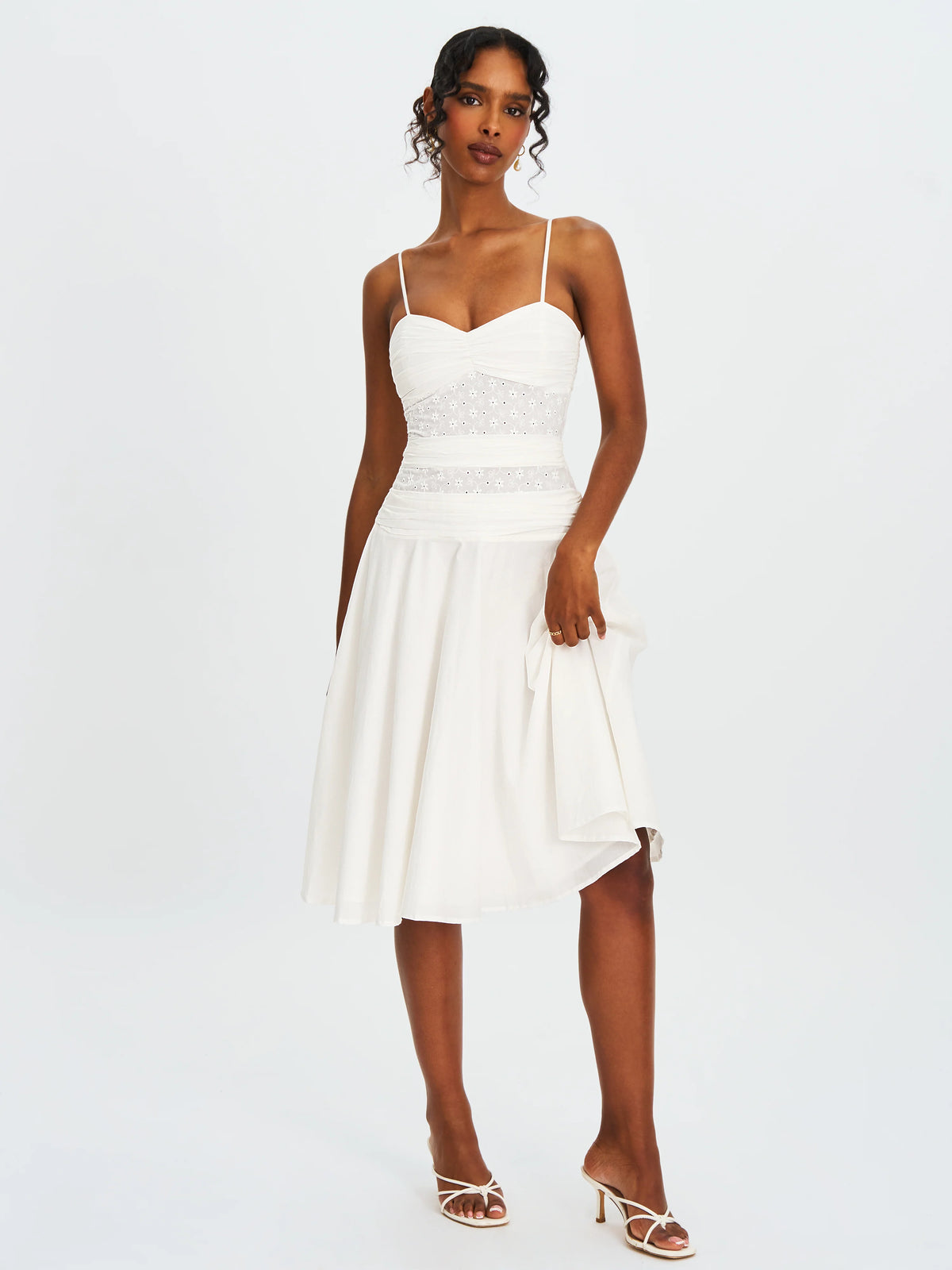 Maelis White Cotton Eyelet Drop Waist Midi Dress
