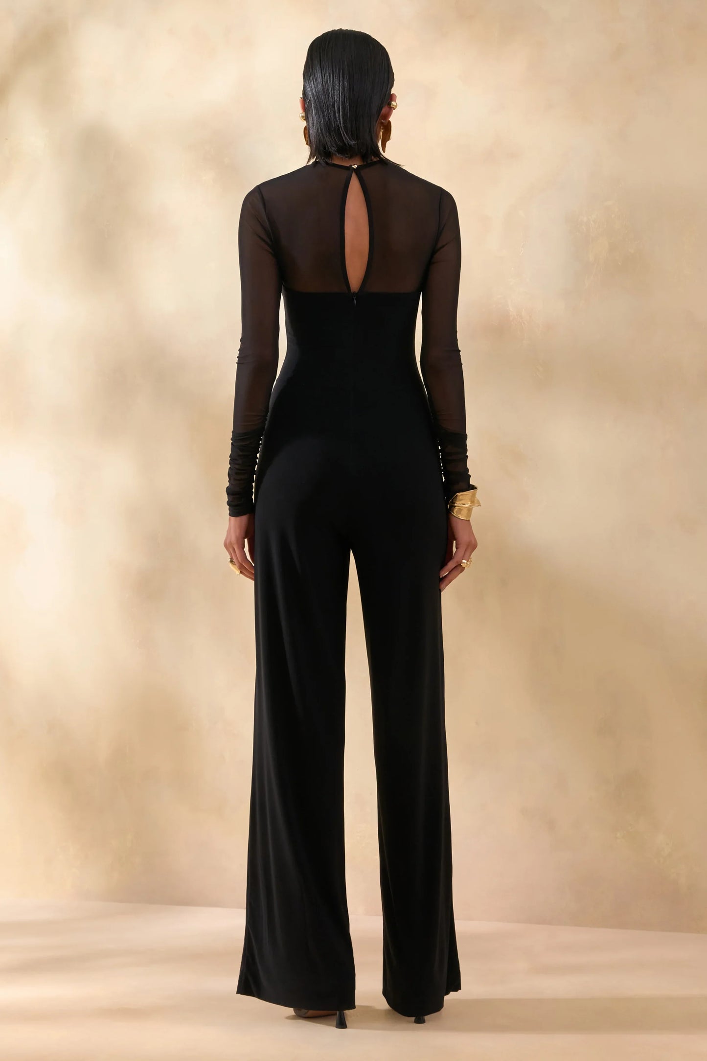 Emeria Black High Neck Jumpsuit With Long Mesh Sleeves