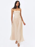 Olivine Light Beige Crystal Organza Strapless Maxi Dress