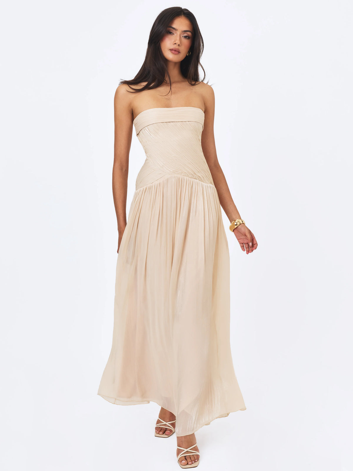 Olivine Light Beige Crystal Organza Strapless Maxi Dress