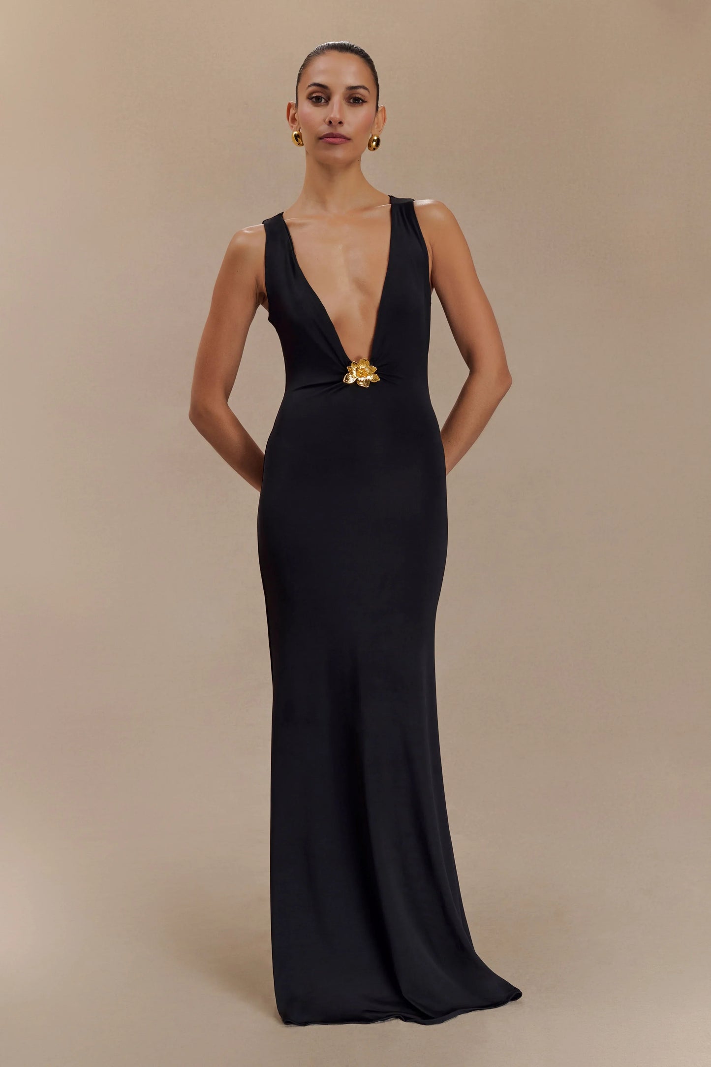 Beck Plunge Maxi Dress With Floral Hardware Black