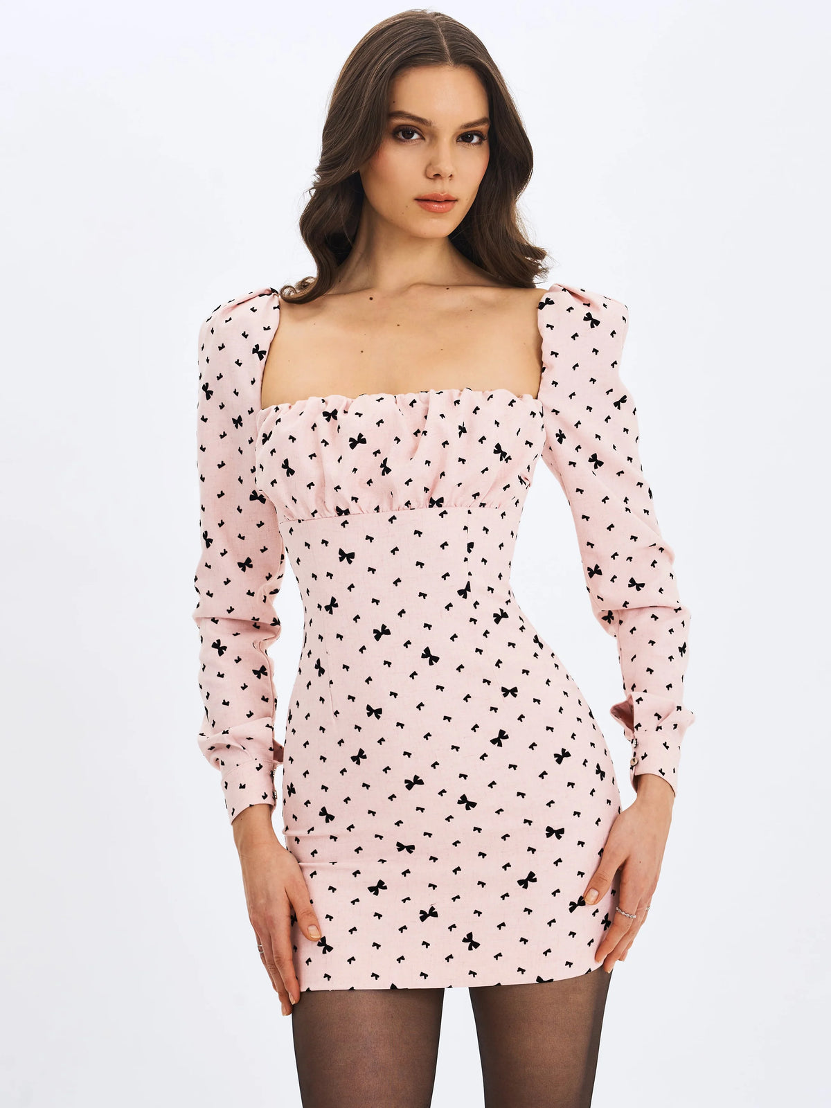 Perla Baby Pink Ruched Bust Velvet Embossed Bow Mini Dress