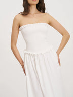 Quadiya White Cotton Seersucker Smocked Strapless Midi Dress Archive Sale