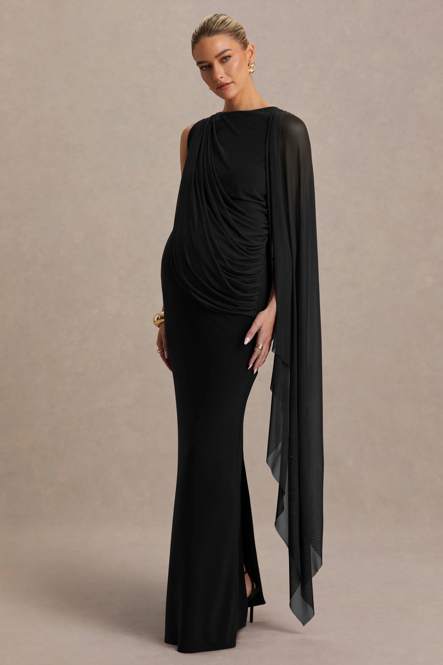 Cristina Black High Neck Maternity Maxi Dress With Cape Sleeve