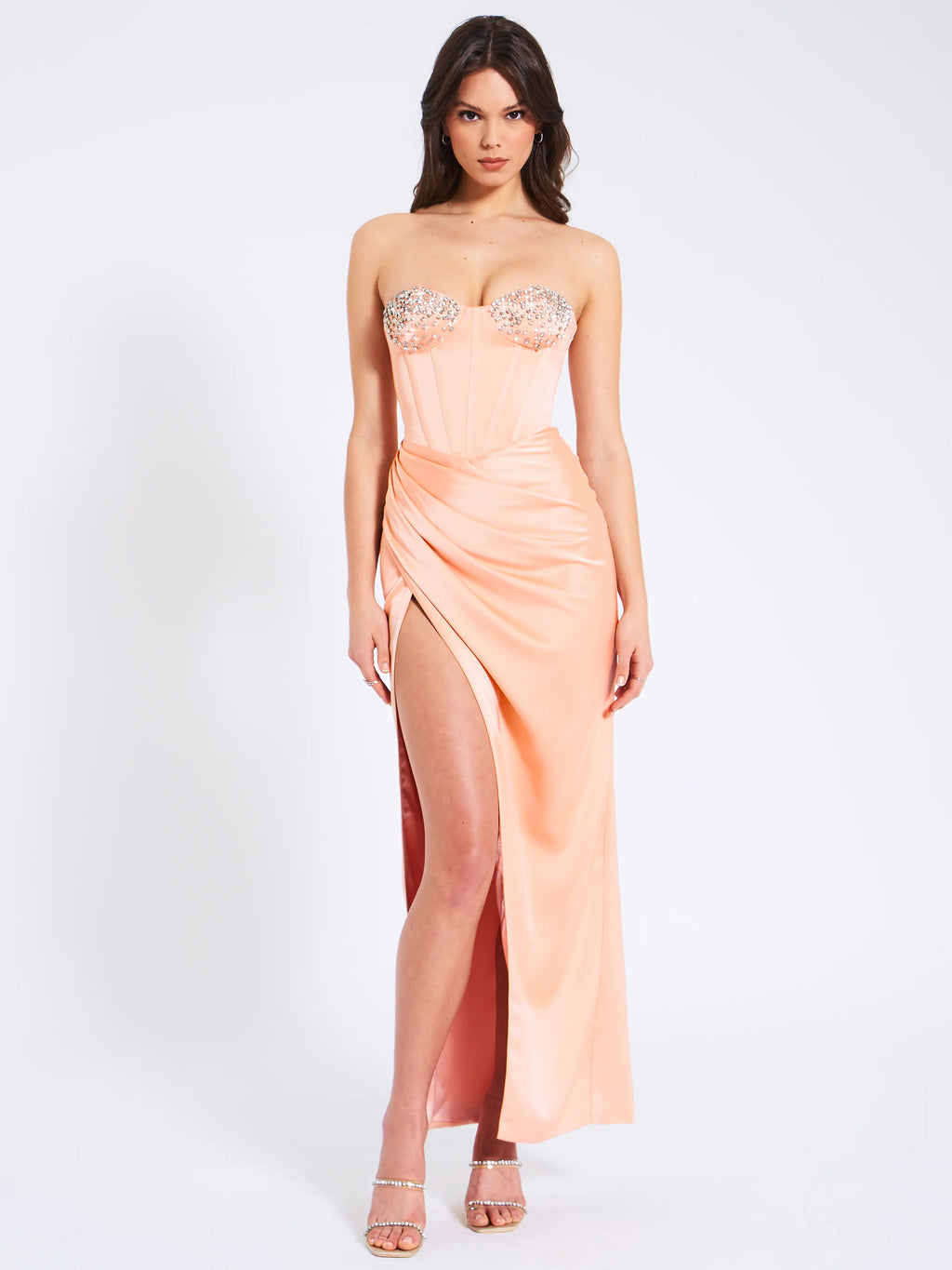 Amelia Blush Satin Corset Slit Gown With Crystal Embellished Archive Sale