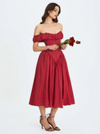 Xavy Crimson Off Shoulder Corset Midi Dress