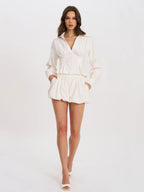 Sylvia White Pinstripe Deep V Pleated Shirt