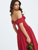 Xavy Crimson Off Shoulder Corset Midi Dress