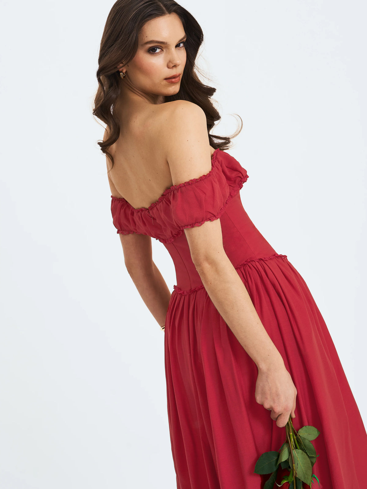 Xavy Crimson Off Shoulder Corset Midi Dress