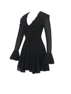Omari Black Chiffon Polka Dot Ruffled Neckline Mini Dress