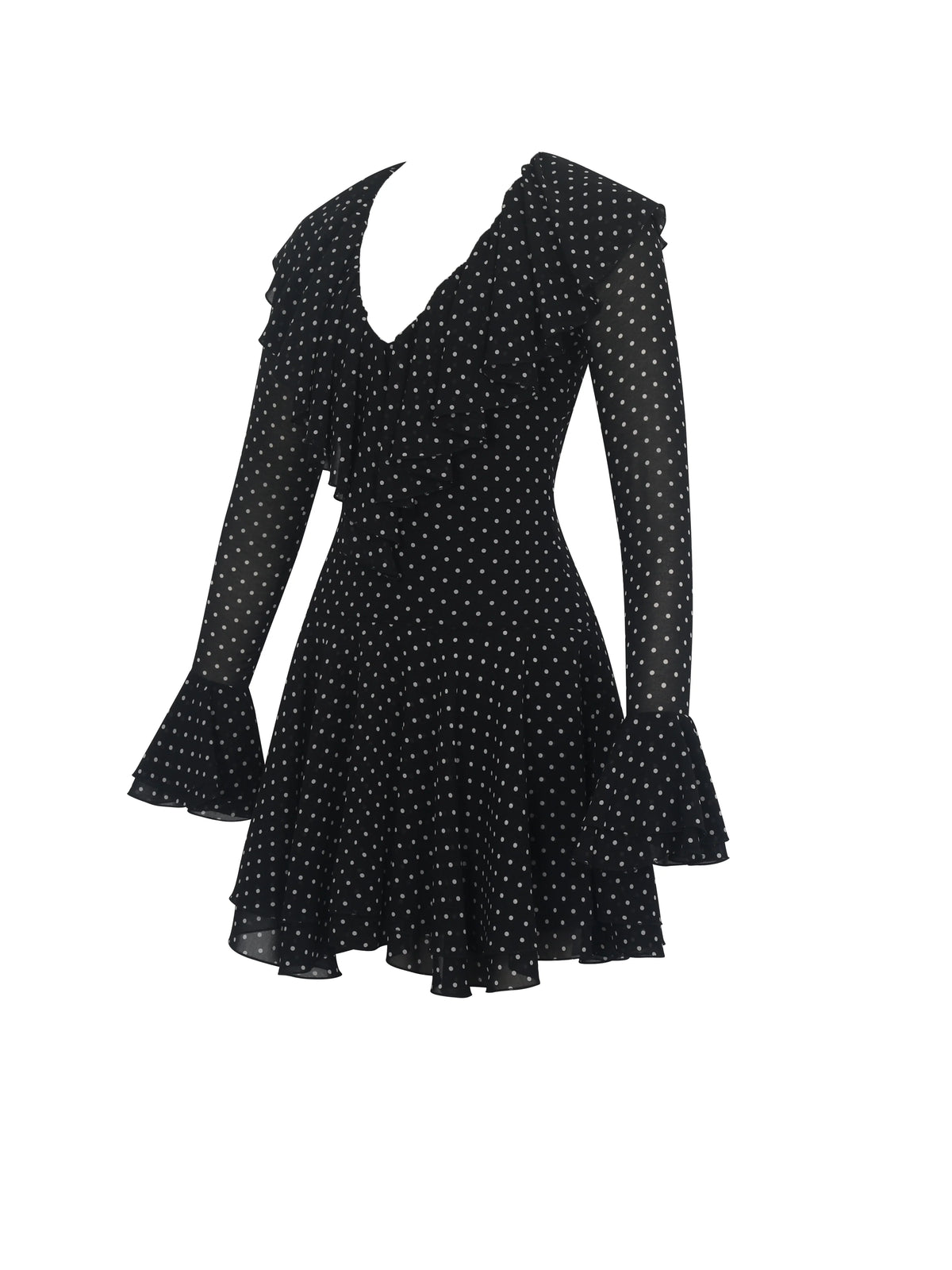 Omari Black Chiffon Polka Dot Ruffled Neckline Mini Dress