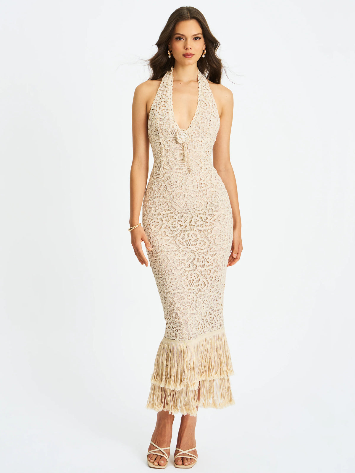 Faelyn Off White Double Fringe Crochet Halter Maxi Dress