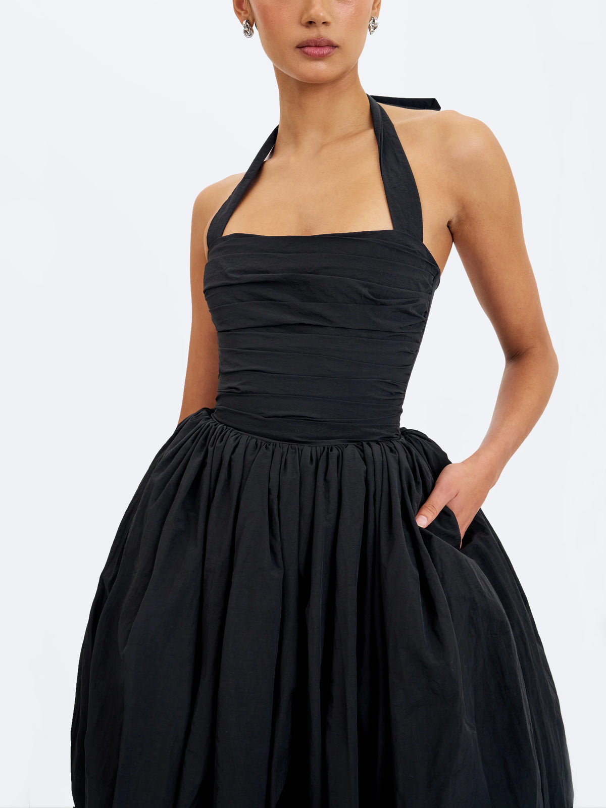 Veradis Black Taffeta Halter Bubble Hem Midi Dress