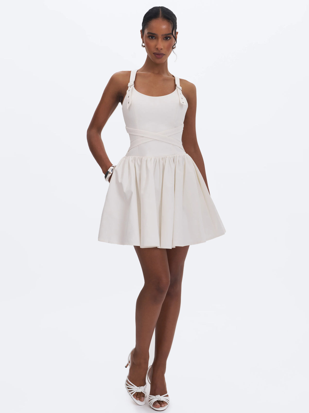 Francine White Cotton Denim Crossover Strap Mini Dress