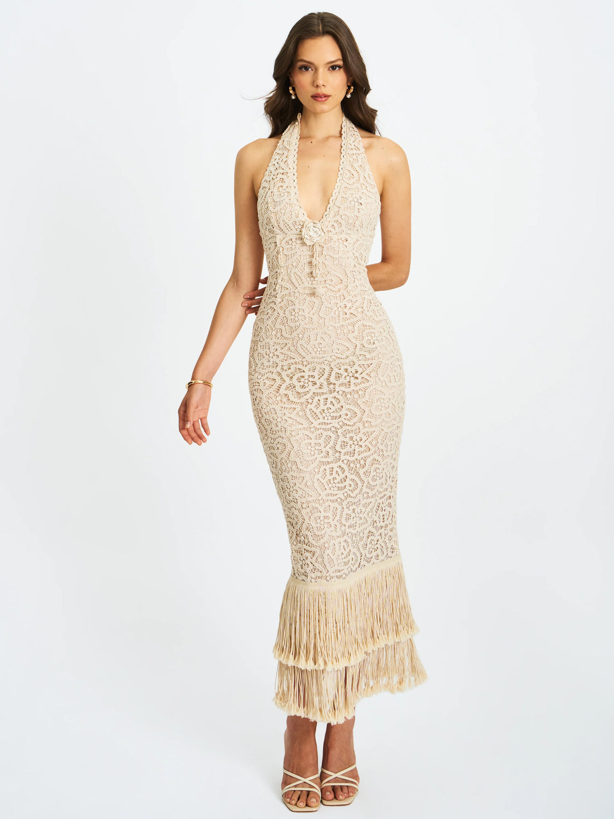 Faelyn Off White Double Fringe Crochet Halter Maxi Dress