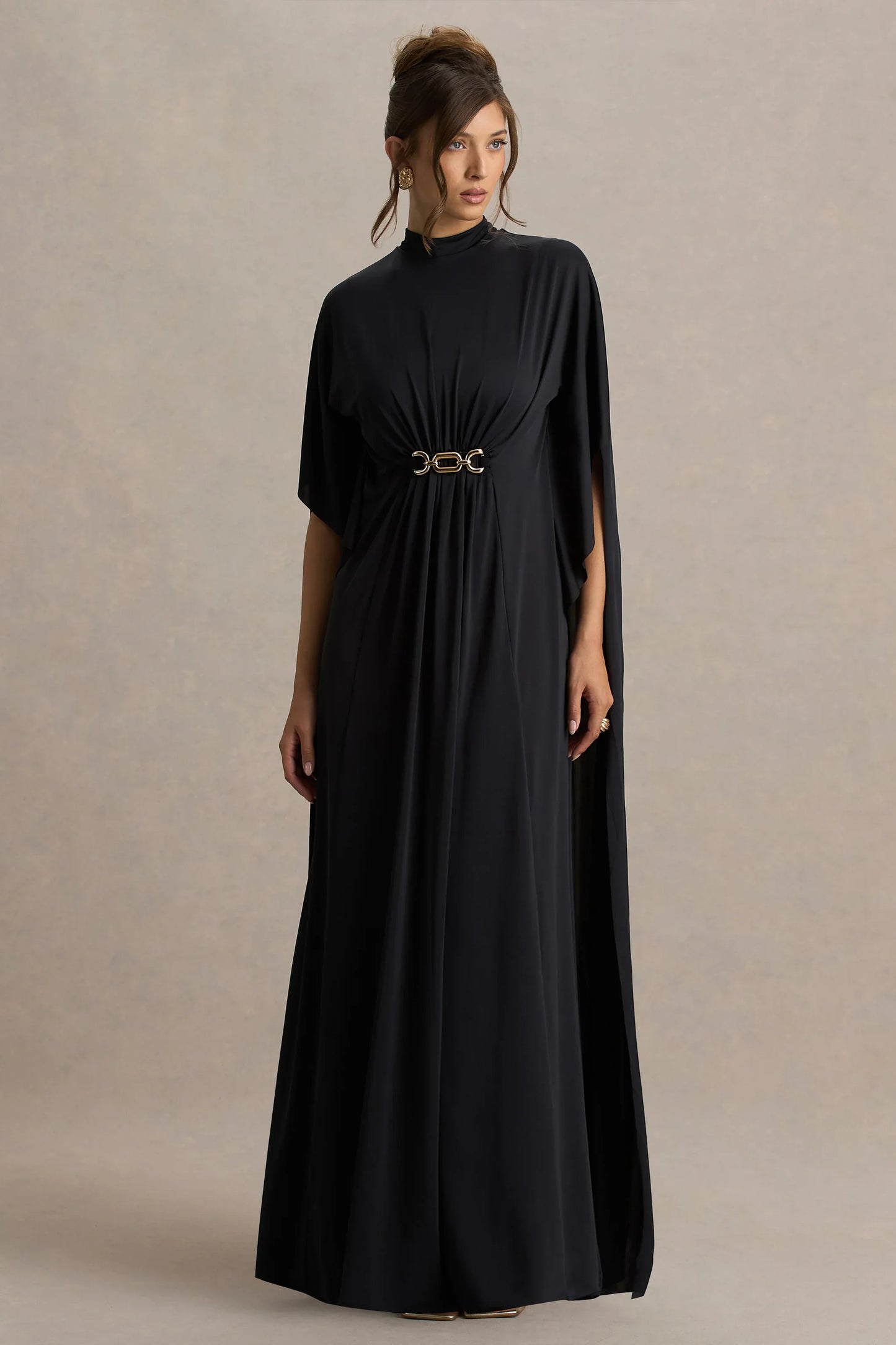 Olessia Black Belted Gathered Cape Sleeve Maxi Dress