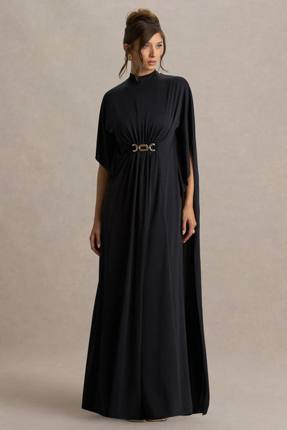 Olessia Black Belted Gathered Cape Sleeve Maxi Dress