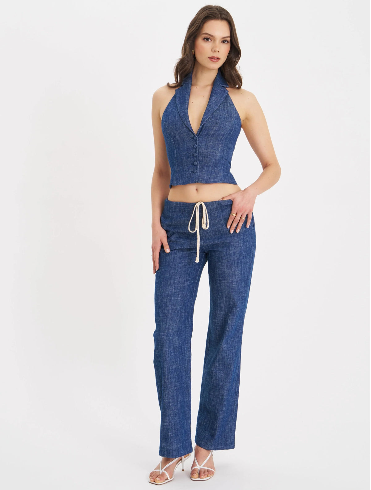 Rafaella Navy Cotton Denim Halter Lapel Top Archive Sale