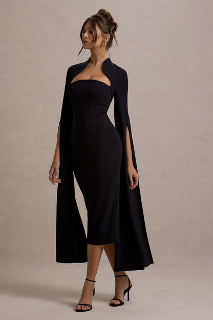 Linden Black Bodycon Cape Sleeve Midi Dress