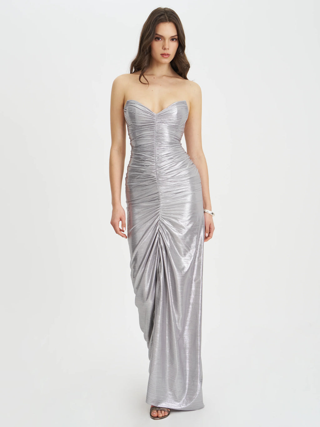 Sable Ruched Silver Glitter Mermaid Gown