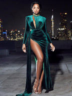 Zenaida Emerald Green Cutout High Slit Velvet Gown Archive Sale