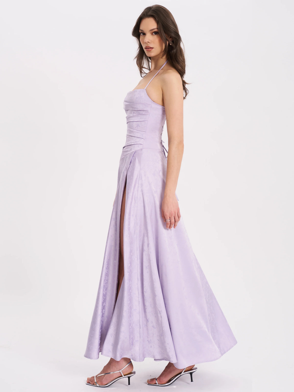Raegan Taro Purple Jacquard Rouched Maxi Dress