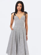 Riley Black White Striped Linen Flared Midi Dress
