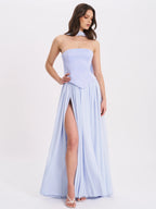 Qianna Baby Blue Peplum Drop Waist Chiffon Gown