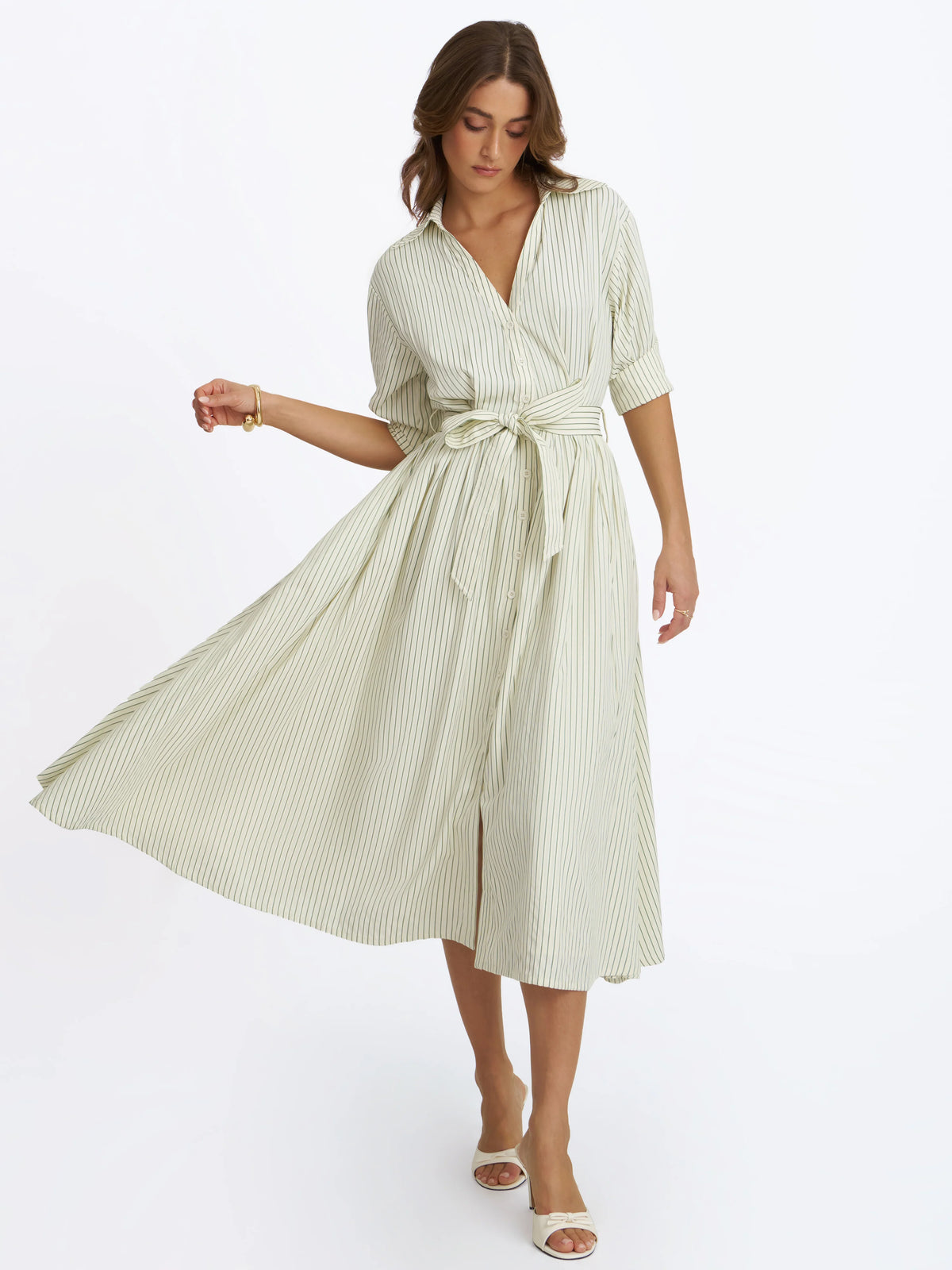Danica Pine Green Bamboo Poplin Striped Shirt Midi Dress