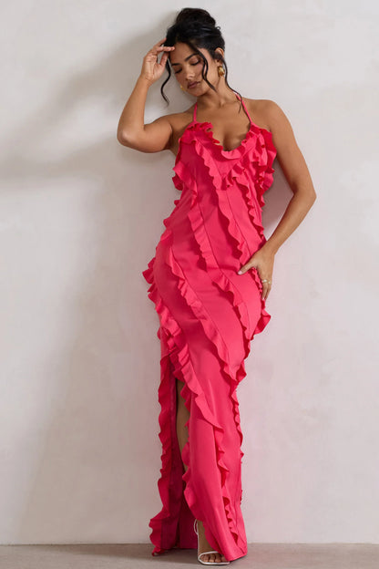 Full On Hot Pink V Neck Ruffle Maxi Dress