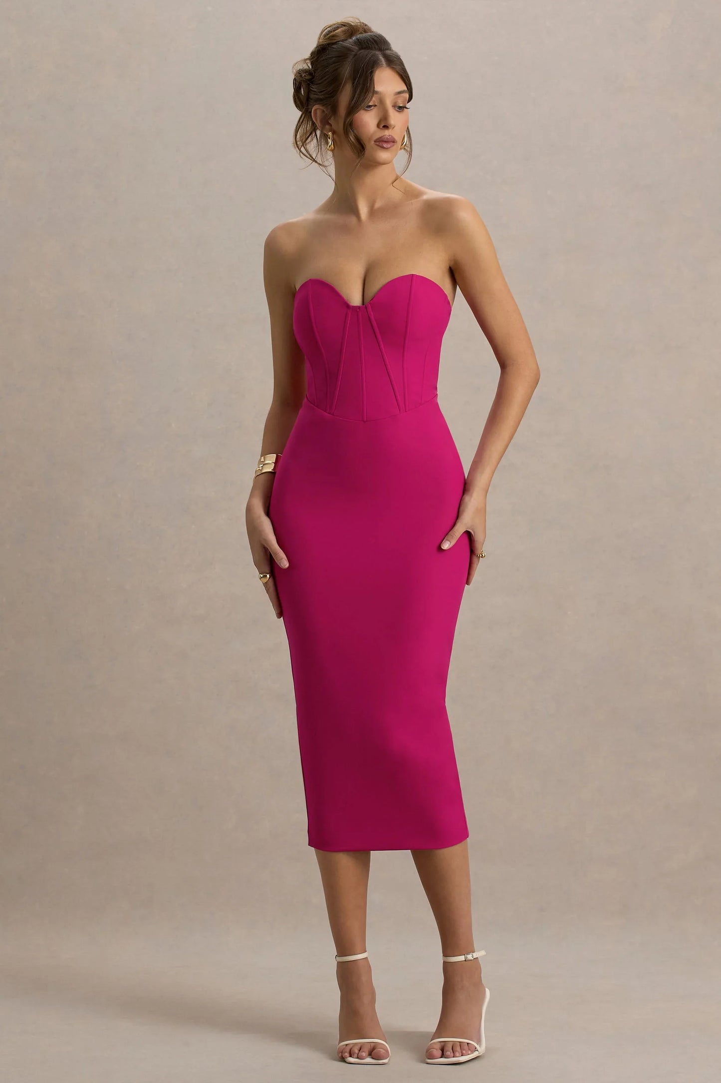 Nina Dark Pink Structured Strapless Corset Midi Dress