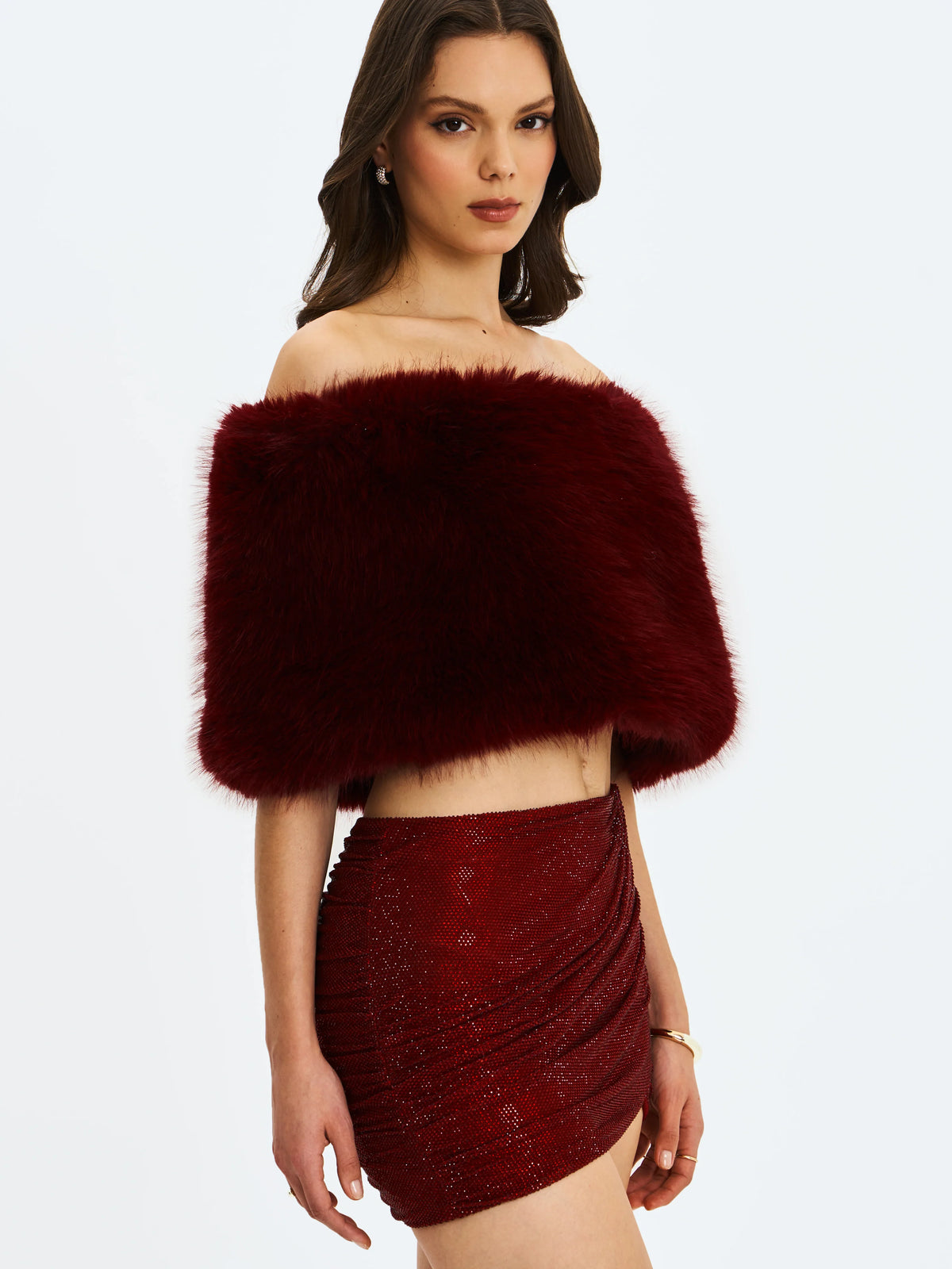 Darleen Crimson Rhinestone Mesh Low Waist Ruched Skirt