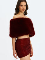 Darla Burgundy Faux Fur Off Shoulder Cropped Top