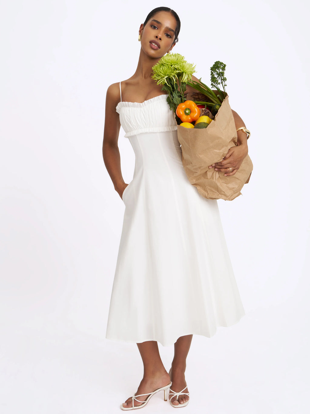 Vicenta White Cotton Poplin Ruched Midi Dress