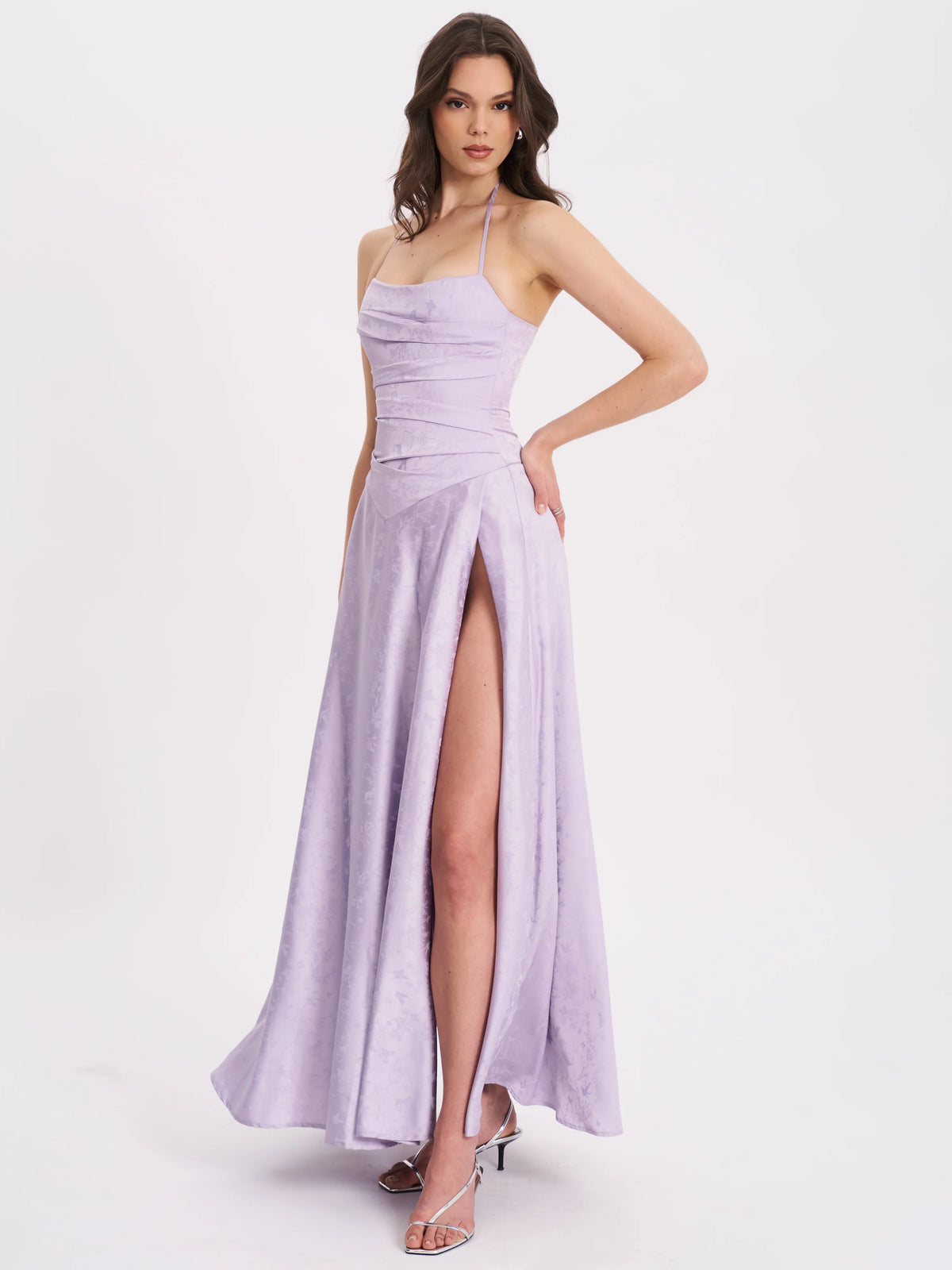 Raegan Taro Purple Jacquard Rouched Maxi Dress